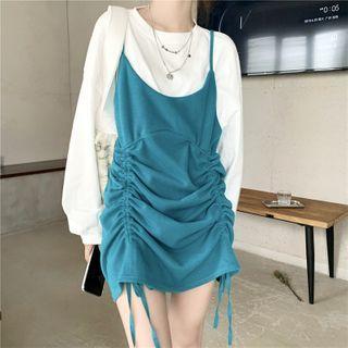 Long-sleeve Mock Two-piece Shirred Dress