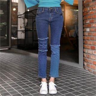 Color-block Lettering Jeans