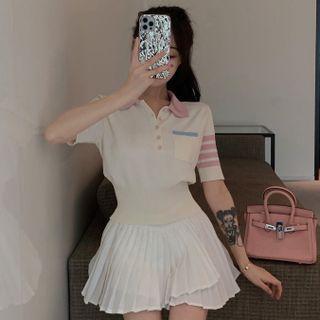 Short-sleeve Cropped Polo Knit Top White - One Size