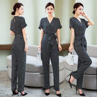 Dotted Short-sleeve Tie-waist Chiffon Jumpsuit