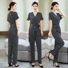 Dotted Short-sleeve Tie-waist Chiffon Jumpsuit