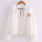 Long-sleeve Bear Embroidered Sailor Collar Blouse White - One Size