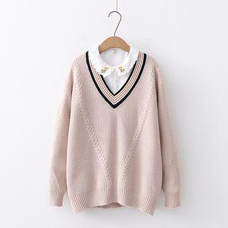 Contrast-trim V-neck Knit Sweater
