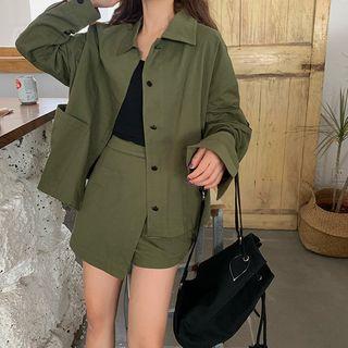 Front Pocket Plain Button Jacket / Asymmetric Mini Skort