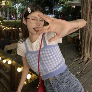 Short-sleeve Cropped T-shirt / Gingham Knit Camisole Top