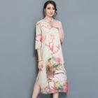 Swan Print Elbow-sleeve A-line Midi Chiffon Dress