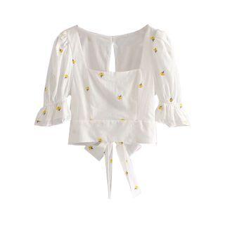 Floral Print Open-back Bell-sleeve Cropped Blouse