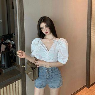 Puff-sleeve Rhinestone Bow Blouse White - One Size