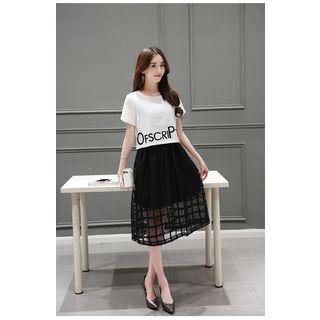 Set: Lettering Short-sleeve Top + Organza Midi Skirt