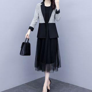 Plaid Panel Blazer / Mesh Panel Sleeveless Midi A-line Dress / Set