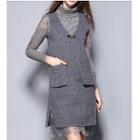 Set: Turtleneck Lace Long-sleeve Dress + V-neck Pinafore Dress