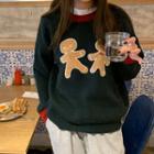 Long-sleeve Gingerbread Man Printed Knit Sweater Green - One Size