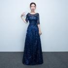 Elbow-sleeve Sequined Gown