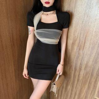 Short Sleeve Keyhole Mesh Panel Sheath Dress