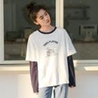 Long-sleeve Mock Two-piece Print T-shirt White - One Size