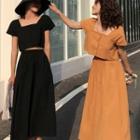 Set:plain Square-neck Short-sleeve Top + High-waist Skirt