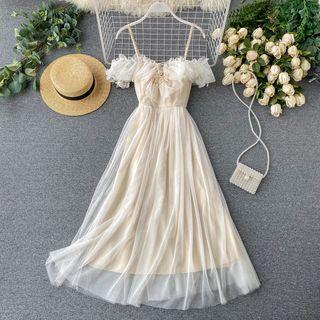 Spaghetti Strap Ruffled Midi A-line Mesh Dress