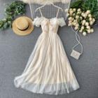 Spaghetti Strap Ruffled Midi A-line Mesh Dress