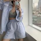 Oversize Striped Pocket Shirt / High Waist Striped Shorts / Rib Knit Bralette Top