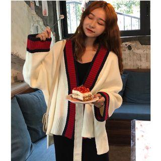 Contrast Trim Cardigan / Spaghetti Strap Midi Dress