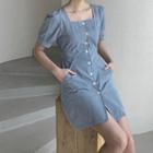 Square-neck Button-up Minidress Blue - One Size