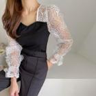 Lace-panel Rib-knit Top Black - One Size
