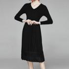Lace Trim Long-sleeve Knit Midi A-line Dress