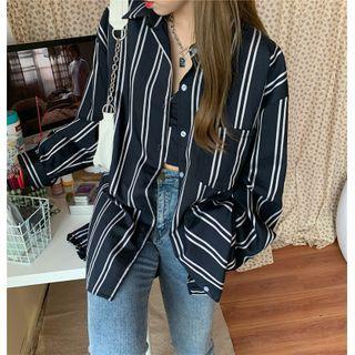 Striped Long-sleeve Loose-fit Shirt / Striped Cropped Sleeveless Top
