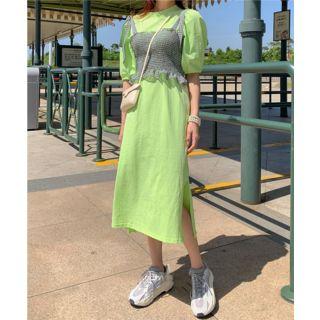 Puff-sleeve Midi T-shirt Dress / Sleeveless Frill Trim Plaid Top