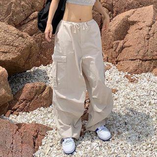 Drawstring-waist Wide Leg Cargo Pants
