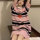 Strawberry Embroidered Striped Mini T-shirt Dress Pink - One Size