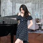 Cold-shoulder Dotted Ruffled A-line Dress Black - One Size
