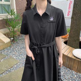 Butterfly Embroidered Short Sleeve Shirtdress With Sash