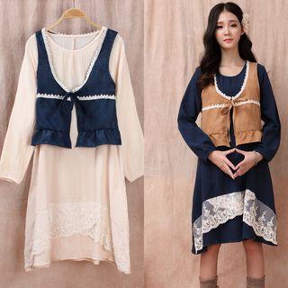 Set: Lace-trim Dress + Frilled Vest