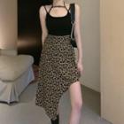 Spaghetti-strap Plain Cropped Top / Leopard Print Asymmetric Midi A-line Skirt