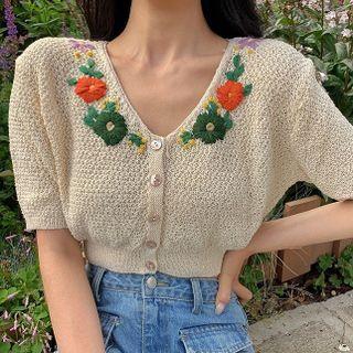 Short-sleeve Floral Embroidered Knit Crop Top Almond - One Size