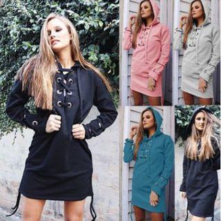 Long Sleeve Lace-up Hooded Dress
