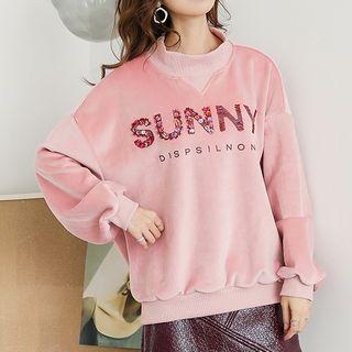 Sequin Lettering Mock Neck Pullover