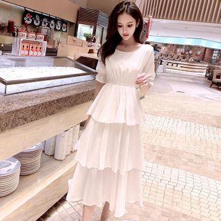 Elbow-sleeve Layered Midi A-line Dress