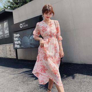 Short Sleeve V-neck Floral Print Chiffon Dress