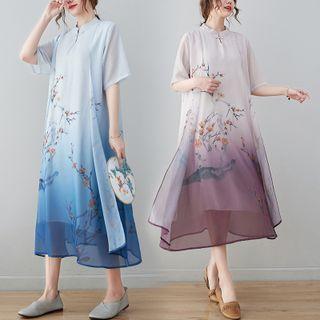 Elbow-sleeve Floral Frog Button Midi Oversized Dress
