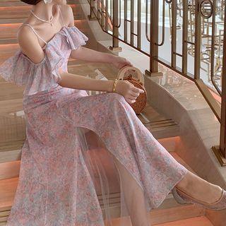Short-sleeve Cold Shoulder Floral Print Maxi A-line Dress