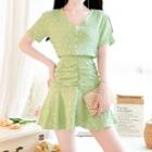 V-neck Flora Printed Frill Trim A-line Dress