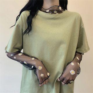Elbow-sleeve T-shirt / Flora Embroidered Long-sleeve Mesh Top
