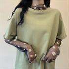 Elbow-sleeve T-shirt / Flora Embroidered Long-sleeve Mesh Top