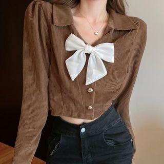 Puff-sleeve Bow Corduroy Shirt