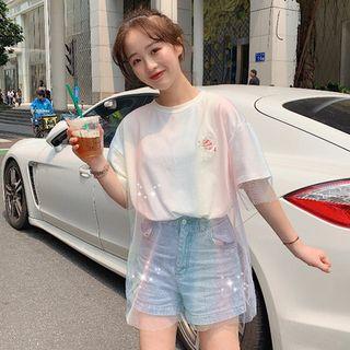 Elbow-sleeve Gradient Mesh T-shirt