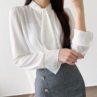 Tie-front Faux-pearl Buttoned Blouse
