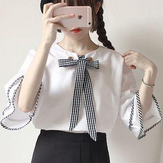 Flared Elbow-sleeve Tie-neck Blouse
