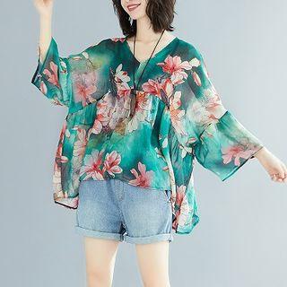 Flower Print Flared-sleeve Blouse Purple Flower - Bluish Green - One Size